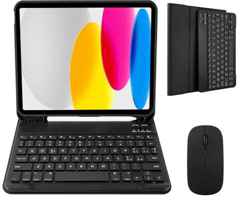 Nsyee Custodia con Tastiera e Mouse per iPad 11a Generazione (A16) 11 Pollici 2025, 10a Gene 10,9 Pollici 2022, Tastiera Wireless Bluetooth Rimovibile per IPad 11th 10th Gen, Italiano QWERTY -Nero
