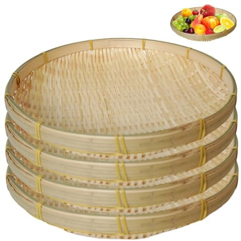 4Pcs Bamboo Basket, 6x1.2 Round Bamboo Serving Tray, Storage Woven Tray Round Fruit Basket for Garden, Daily Dinning, Kitchen Organization, Stackable