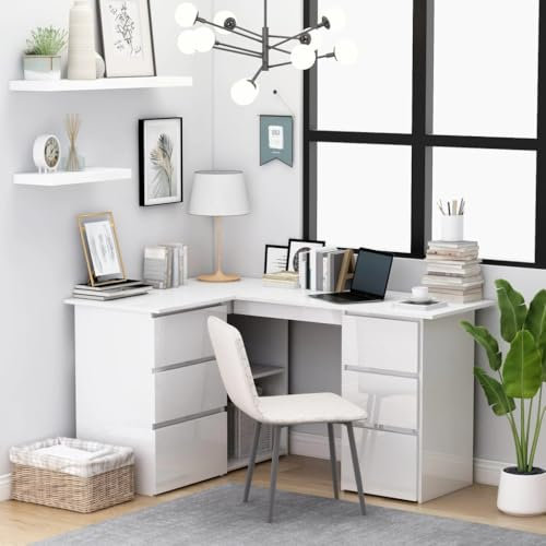 GCHDHAPB Bureau d'angle en bois laqué blanc brillant 145 x 100 x 76 cm
