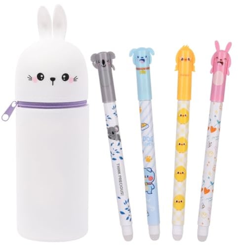 OFFCUP Silikon Federmäppchen Set Federtasche Teenager mit 4 Kugelschreiber | weich Mäppchen mit Reißverschluss Schulmäppchen Pencil Case Etui Schule Schulanfang Geschenke für Studenten (Kaninchen)