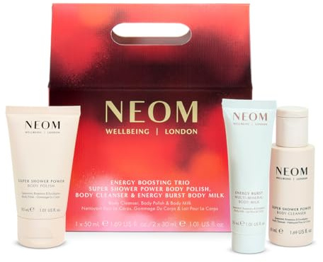 NEOM Energy Boosting Trio Gift Set I Ready-made shower routine I 100% natural scents including spearmint, rosemary and eucalyptus I Cleanser, Polish and Milk for the body