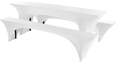 Granbest Stretch Bierzeltgarnitur 50cm oder 70cm Tischbreite Set von 3, Elastisch Biertischhussen, Picknicktisch- und Bankett-Set, Perfekte Passform für Picknicktische & Bänke (220 x 50 cm, Weiß)