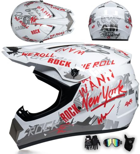 MODRYER Motorradhelm Fullface Damen Herren Downhill Motocross Helm Mopedhelm Motorrad Downhill Full Face Helm Mit Brille Maske Handschuhe, Für MTB Cruiser BMX Quad ATV Off-Road Enduro,White-XXL
