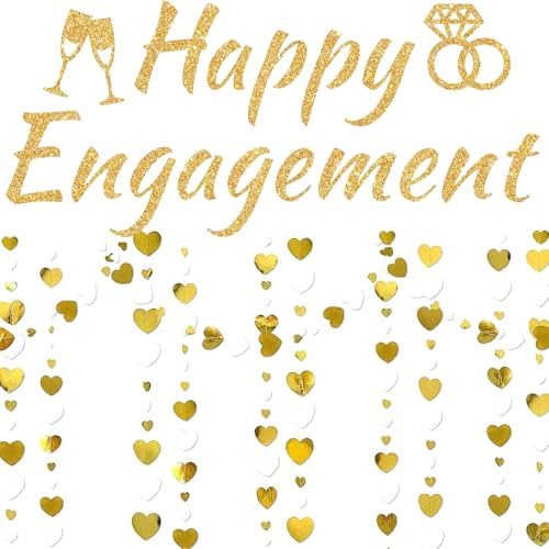 2 PCS Engagement Party Decorations Set, Aesthetic Happy Engagement Decorations with Letters Banners White Gold Love Heart, Practical Suitable for Use at Proposal Parties