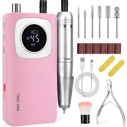 Electric Nail File, 45000 RPM Nail Drill Machine Professional Rechargeable Nail Drill for Acrylic and Gel Nails with 6 Drill Bits and Cuticle Cutter(Pink)