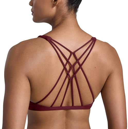 CRZ YOGA Naked Feeling Women's Removable Pads Yoga Top Cross Strappy Back Gym Sports Bra Red Merlot S