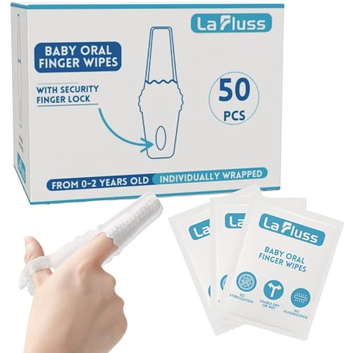 La Fluss - 50 toallitas dentales para dedos orales para bebés, limpiador oral para bebés, adecuadas de 0 a 24 meses, limpia suavemente la boca, las encías y la lengua de tu bebé, envueltas