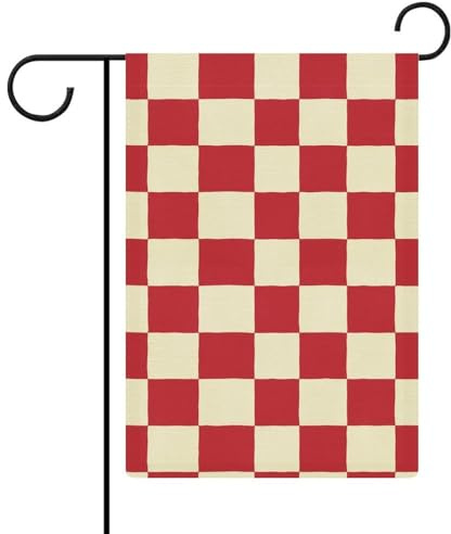 Drapeau de jardin en damier rouge et blanc en toile de jute double face 30,5 x 45,7 cm