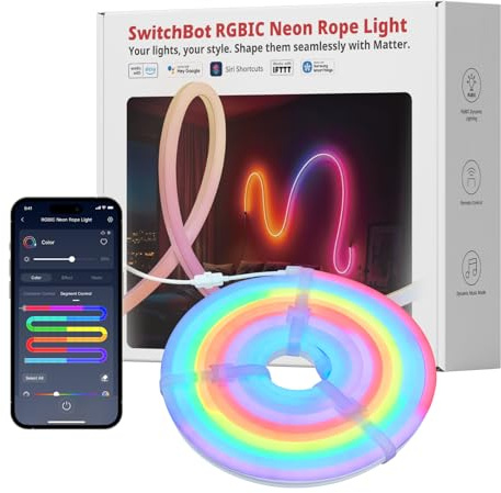SwitchBot RGBIC Neon Striscia LED, 5M Matter Neon LED Luci Compatibile con Apple Home, Alexa e Google Home, 16 min di colori, Sincronizza Musica e Scene, Luci LED Camera da Letto, Soggiorno