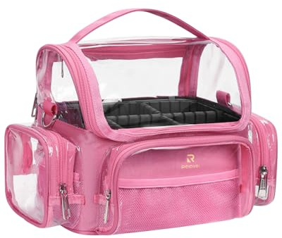 NAONAYA Pink Makeup Brush Bag, Large Makeup Brush Holder Professional Makeup Artist Travel Case Clear Waterproof Cosmetic Organizer Bag, Full Open Easy to Access, with Adjustable Strap and Dividers