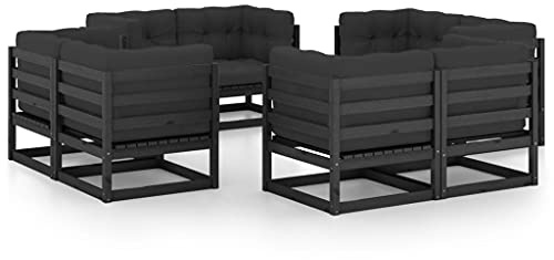 Mandloder 8-TLG. Garten-Lounge-Set, Kiefer Massivholz, Schwarz, mit Anthrazit Kissen, 70x70x67 cm Ecksofa, für Terrasse, Balkon, Outdoor-Möbel-Set