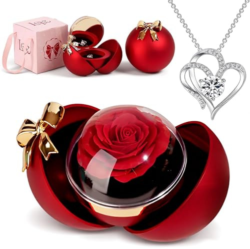 NINESPRING Ewige Rose mit 925 Sterling Silber Herz Halskette - Konservierte Rose Blumen Box, Romantisches Geschenk für Frauen, Freundin & Mama zum Valentinstag, Weihnachten, Geburtstag & Jahrestag