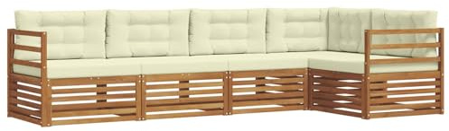 vidaXL Outdoor-Sofagarnitur mit Kissen 5 pcs Natur und Creme, Gemütliches Outdoor-Set, modernes Ecksofa, robuster Loungesessel, Gartenmöbel, Terrasse zum Relaxen