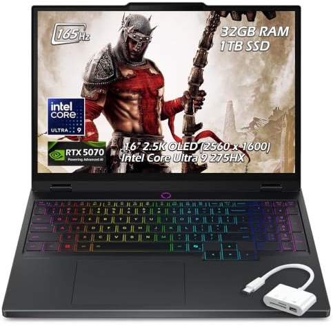 Lenovo Legion Pro 5i Gaming Laptop, 16 OLED (2560 x 1600) IPS 165Hz, Intel Core Ultra 9 275HX, NVIDIA GeForce RTX 5070, 32GB RAM, 1TB SSD, Backlit KB, Wi-Fi7, Win11, Black, w/USB Hub, W/GaLiMu