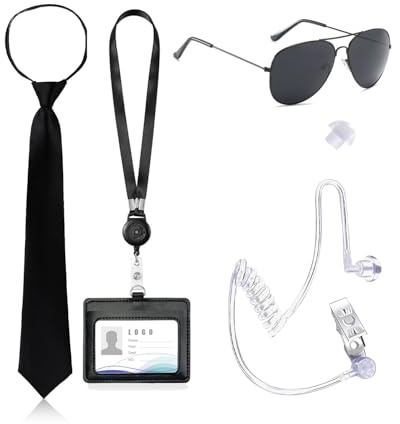 JEXOWIQ 4 Pcs Agent Kostüm Zubehör Set mit schwarzer Sonnenbrille, Krawatte,ID Kartenhalter für Männer Frauen,Geheimagent Spion Kostüm Accessoires für Karneval Fasching Cosplay Party