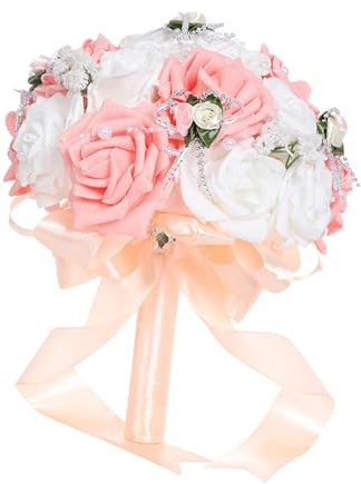 Jiangbered Bouquet Da Sposa, Bouquet di Fiori Artificiali, Rose, per Addio Al Nubilato, Rosa