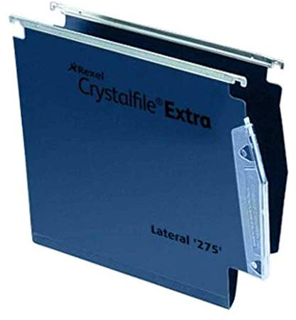 Rexel 275 Lateral Hanging Files with Tabs and Inserts, 15 mm V-base, Polypropylene, Blue, Crystalfile Extra, Pack of 25, 70639