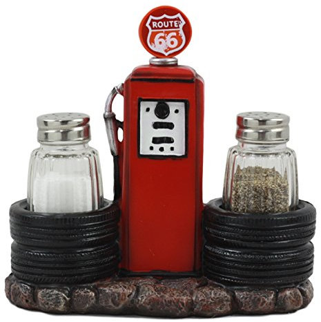 Route 66 Old Fashioned Gas Pump Station Salt Pepper Shaker Holder Figurine Cross Country Road Trip Lovers