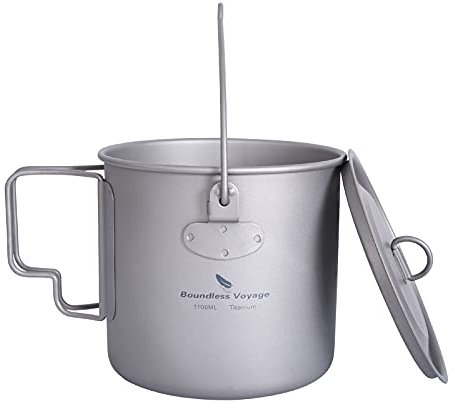 iBasingo 1100ml Titanium Mug Camping Cup Tea Coffee Water Pot with Lid Ultralight Outdoor Travel Tableware with Foldable Handle Picnic Backpacking Trekking Portable Drinkware Survival Gear Ti3041D