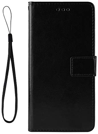 DEDUX Flip Hülle kompatibel mit Motorola Moto G8 Plus, Retro Leder Brieftasche Abdeckung Magnetverschluss Folio Ständer Kartensteckplätze Handyhülle, Schwarz mit Lanyard