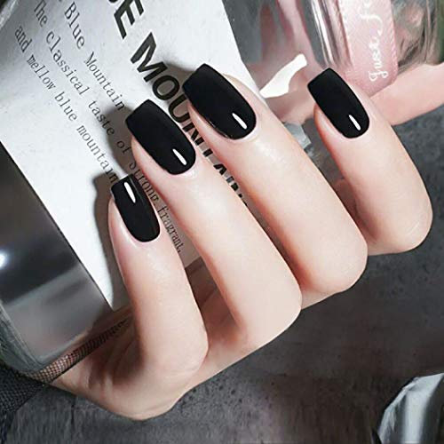 TseenYi Faux Ongles Noir Longue Tête Carrée Faux Ongles Couleur Pleine Couverture Complète Brillant Cercueil Faux Ongles pour Femmes et Filles (24 Pièces)