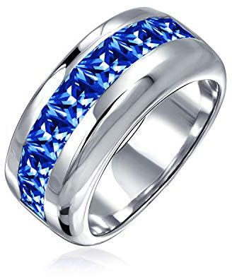 Unisex Simuliert Blue Sapphire Kanal Set Cubic Zirconia Aaa Cz Brilliant Princess Cut Hochzeit Band Für Männer Frauen .925 Sterling Silber 9Mm Band Ring