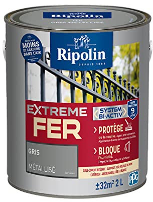 RIPOLIN - Peinture pour Fer Extérieur - Glycéro Antirouille - Sous-couche intégrée - Application directe sur Rouille - Résistante aux Intempéries, UV et Chocs - Metal - 2L - Gris