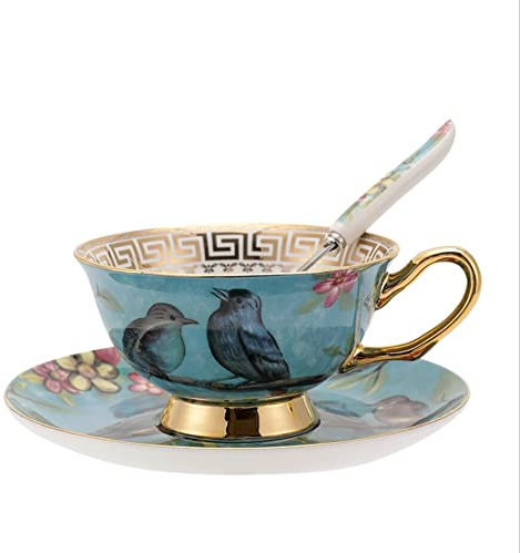Jiotouhu Ensemble tasse et soucoupe de style européen en porcelaine anglaise pour petit déjeuner, maison, cuisine, motifs oiseaux et arbres (bleu)