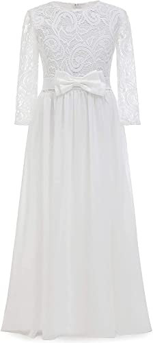 Kinder Boho Lang Spitzenkleid 3/4 Ärmel Chiffon Kleid mit Gürtel und Schleife/Chic A-Linie Cocktailkleid Brautjungfernkleider Blumenmädchenkleider für Mädchen 2-12 Jahr(Elfenbein,10)