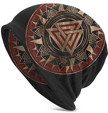 C2Jew Vikings Beanies Mütze Schwarz-Rote Strickmützen Damen Herren Mütze Hip-Hop Mütze Slouchy Outdoor-Caps 10,6 × 11 Zoll,Valknut Symbol
