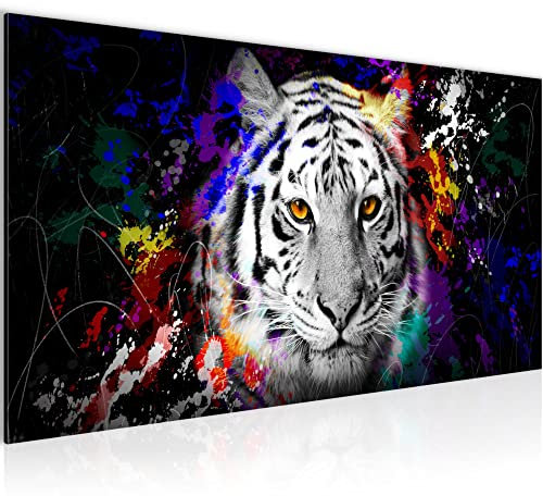 Runa Art Wandbild Tiere Bunt Tiger 1 Teilig 100 x 40 cm Modern Bild auf Vlies Leinwand Street Art Graffiti Loft Wohnzimmer Schwarz 040812b