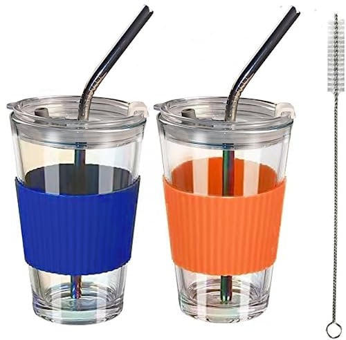 NAVACALA Glass Cups with Lids and Straws, 450ml Leakproof Drinking Cups Tumblers, Drinking Glasses with Lids (Blue & Yellow)