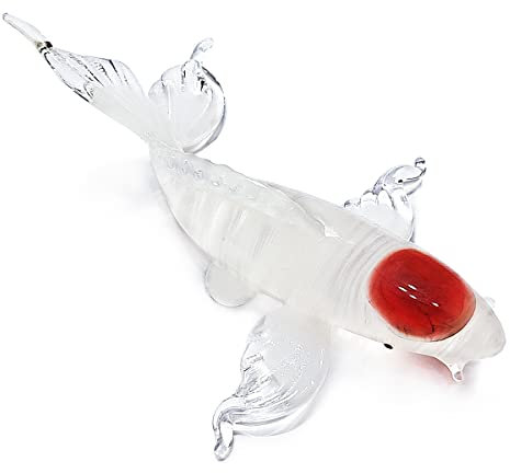 WitnyStore Winzige Koi-Figur, 14,5 cm, weißer roter Kopf, Karpfenfisch, Miniatur, mundgeblasen, bemaltes Glas, Wassertier, bunte Süßwasserfische, Kristall, dekorative Sammlerfiguren, Dekoration,