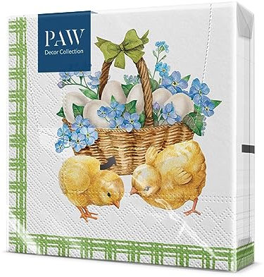 PAW - Servietten 3-lagig (33 x 33 cm) I 20 Stück I Perfekt für Geburtstage, Partys, Hochzeiten, Kommunion und Feiern I Papierservietten Bunt - Eier, Hühner, Ostern I Chicks with basket