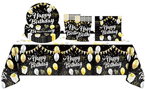 Black Gold Happy Birthday Party Decorations Tableware Set for Men,Women,Boys,Girls,31Pc Disposable Birthday Dinnerware-Plastic Tablecloth,Paper Plates,Napkins,Cups for Him,Her Birthday Party Supplies