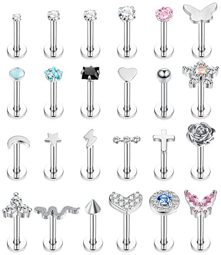 JeryWe 24stk Lippenpiercing für Damen 16G Chirurgenstahl Einschieben Labret Stecker Set CZ Blume Schlange Helix Knorpel Conch Tragus Piercing Ohrringe Nasenpiercing Ashley Medusa Labret Piercing
