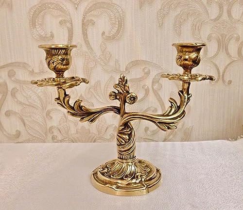 100% Messing ANTIK Kerzenständer Kerzenleuchter 2 Flammen Gold 18 cm Massiv Kandelaber Gedeckte Tisch Tischleuchter Armleuchter 00585