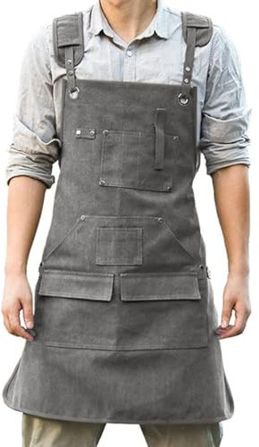 Kochschürze für Herren, Schürze für Männer aus Denim-Stoff, Kreuzschürze mit Taschen, verschleißfeste Werkzeugschürze wasserdicht für Arbeitsschürze, grau, L