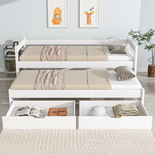 Idemon Cama individual y doble, cama deslizante con ruedas inferiores, con 2 cajones de MDF, marco de madera maciza, blanco (200 x 90 cm/190 x 90 cm)
