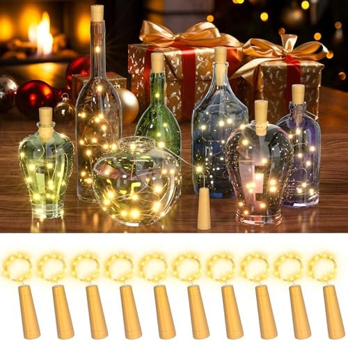 PChero 10er LED Flaschenlicht mit Timer, 2M 20 LEDs Weinflasche Flaschenlichterkette Korken Lichterkette für DIY Flaschen Hochzeit Party Innen Dekoration, Warmweiß