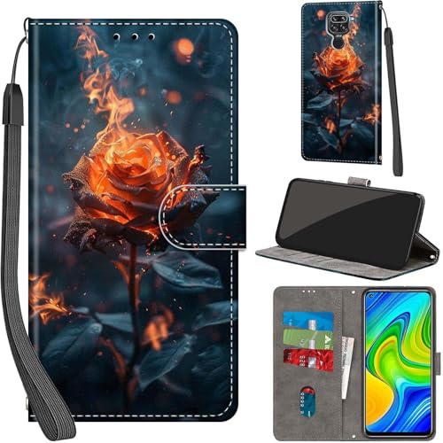 PHINIENLAND Cover per Xiaomi Redmi Note 9 PU Pelle Custodia Flip Fiamma | Custodia in pelle PU, Chiusura magnetica, Supporto regolabile, Scomparti schede, Protezione totale per Redmi Note 9