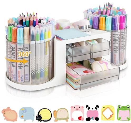 RETON Drehbarer Schreibtisch Organizer mit 2 Stifthaltern, Multifunktionaler 360°Drehbar Stiftehalter mit 3 Schubladen, 10 Schlitze, Stiftehalter Schreibtisch für Büro, Schule, Zuhause