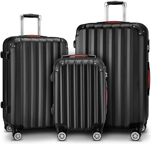 MONZANA® 3tlg. Kofferset, Schwarz - M-L-XL - inkl. Schloss, Organizer & Kofferwaage - Gurt Gel-Griffe, Zwillingsrollen, Standfüße, Trolley, Reisekoffer, Hartschalenkoffer, Gepäck-Set, Trolley Set