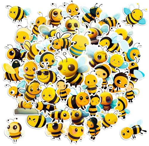 volumoon Kleine Bienen Aufkleber, 50 Stück Wasserdichte Bienen und Fahrrad Aufkleber, Wasserdicht Ästhetisch Aufkleber, Wiederverwendbare Vinyl Dekorationsaufkleber für Laptops, Autos und Mehr
