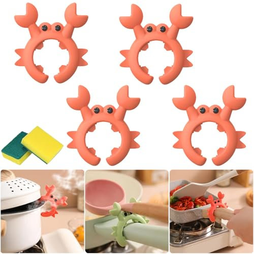 4 Pcs Porte Spatule en Forme de Crabe, Porte Ustensiles de Crabe, Repose Cuillère en Silicone, Support Spatule de Crabe, Crab Spatula Holder, Crab Utensil Holder, Crab Spoon Holder (Rouge)