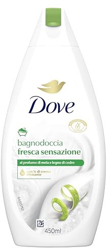 Dove Bagnodoccia Fresca Sensazione, Idratante Dermo-Naturale, Mela e Legno di Cedro, 1/4 Crema Idratante, Dermatologicamente Testato, Bagnoschiuma Uomo e Donna, 100% Bottiglia Riciclata* 450ml