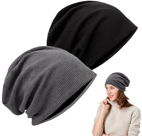 2 Stück Dünne Slouch Beanie Mützen für Männer und Frauen, Unisex Elastische Gestrickte Lange Beanies, Weiche Kopfbedeckungen für Alltag und Outdoor-Aktivitäten - Schwarz und Grau