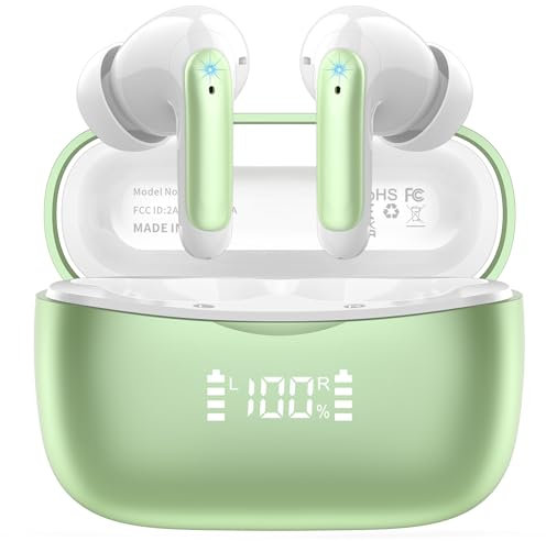 WeurGhy Cuffie Bluetooth, Auricolari Bluetooth 5.3 per iOS & Android, 56 Ore di Riproduzione, Stereo Hi-Fi Cuffie Antirumore con 4 HD Mics, LED Display IP7 Impermeabili Cuffie Wireless,verde,2025