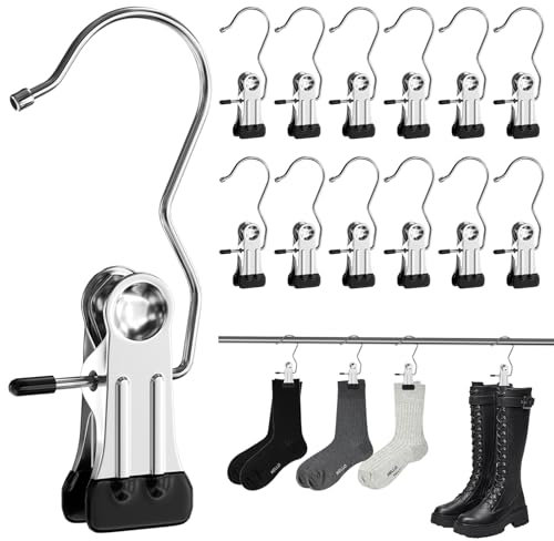 QINGHEC 30 Stück Kleiderbügel Clips, Wäschehaken Edelstahl Klammerhaken, Wäscheklammern, Stiefel Kleiderbügel, Stiefelhaken, Tiefelaufhängung, Hosenbügel Klemmbügel für Hosen Schuhe Handtuch