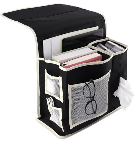 Cylogia Large Bedside Storage Caddy with 6 Pockets, Bedside Oxford Hanging Bag Holder Bunk Bed Sofa Armchair Accessories Pocket Organiser for Magazines Books Tablets Phone Remote Holder(Black)